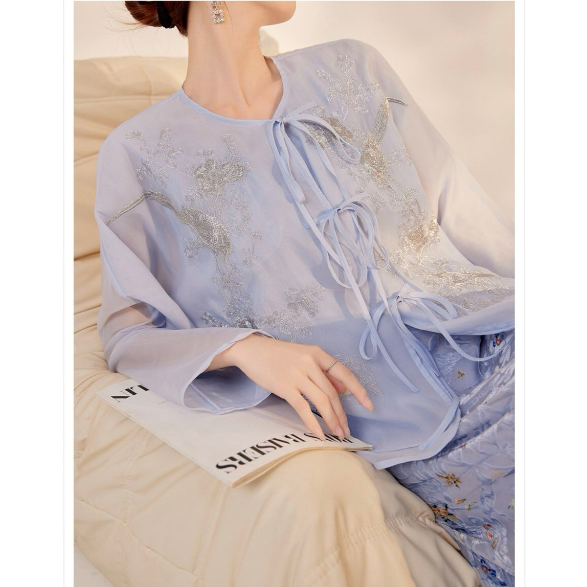 WJY STUDIO - Blue Embroidered Cardigan with 3D Florals, buy at DOORS NYC