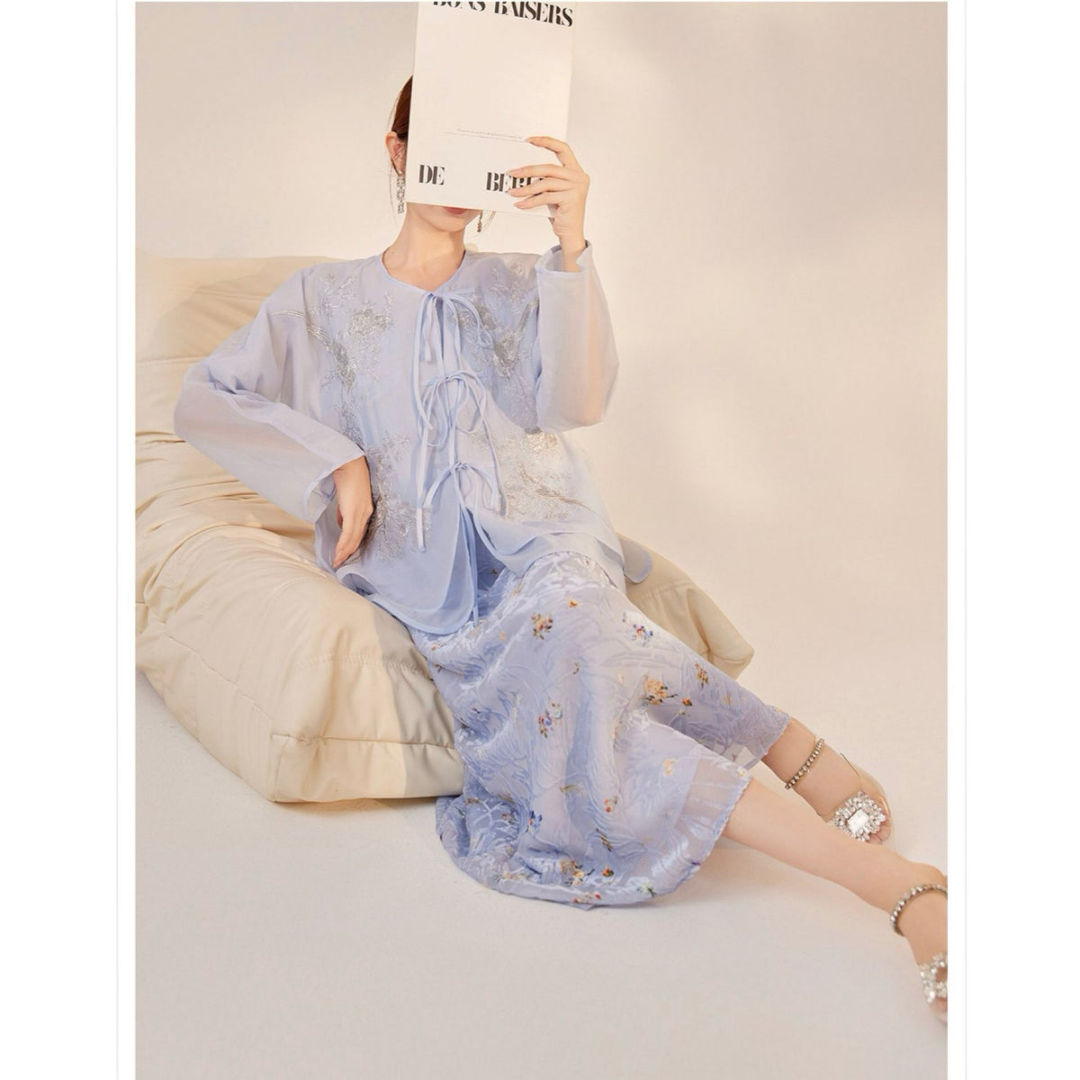 WJY STUDIO - Blue Embroidered Cardigan with 3D Florals, buy at DOORS NYC