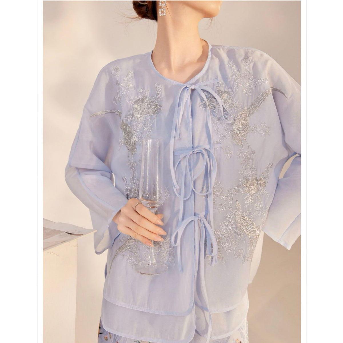 WJY STUDIO - Blue Embroidered Cardigan with 3D Florals, buy at DOORS NYC