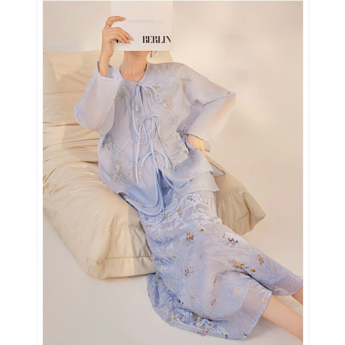 WJY STUDIO - Blue Embroidered Cardigan with 3D Florals, buy at DOORS NYC