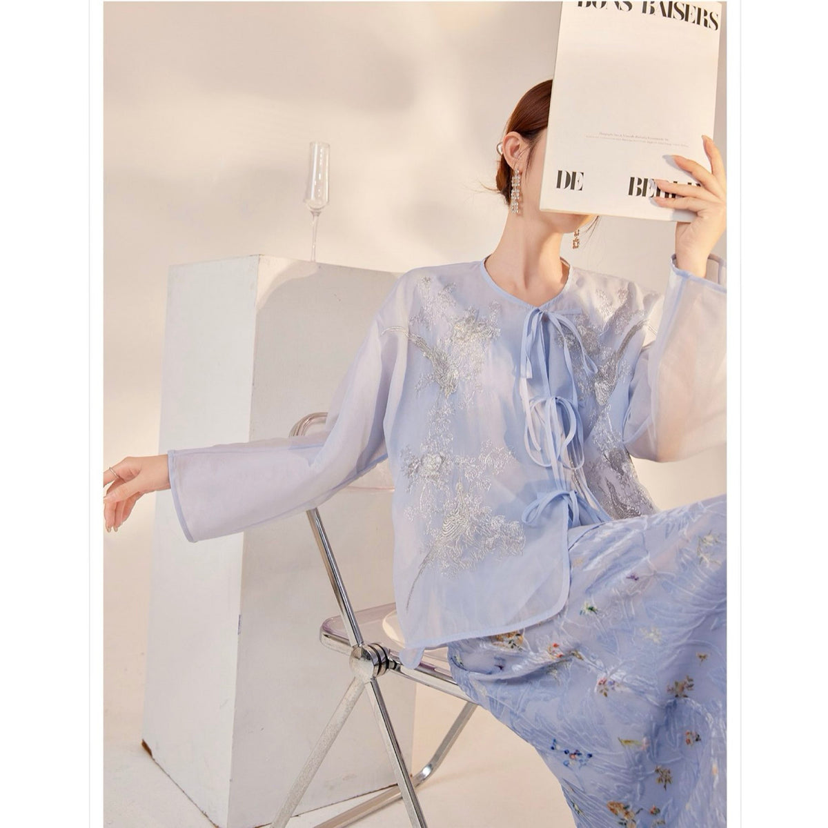 WJY STUDIO - Blue Embroidered Cardigan with 3D Florals, buy at DOORS NYC