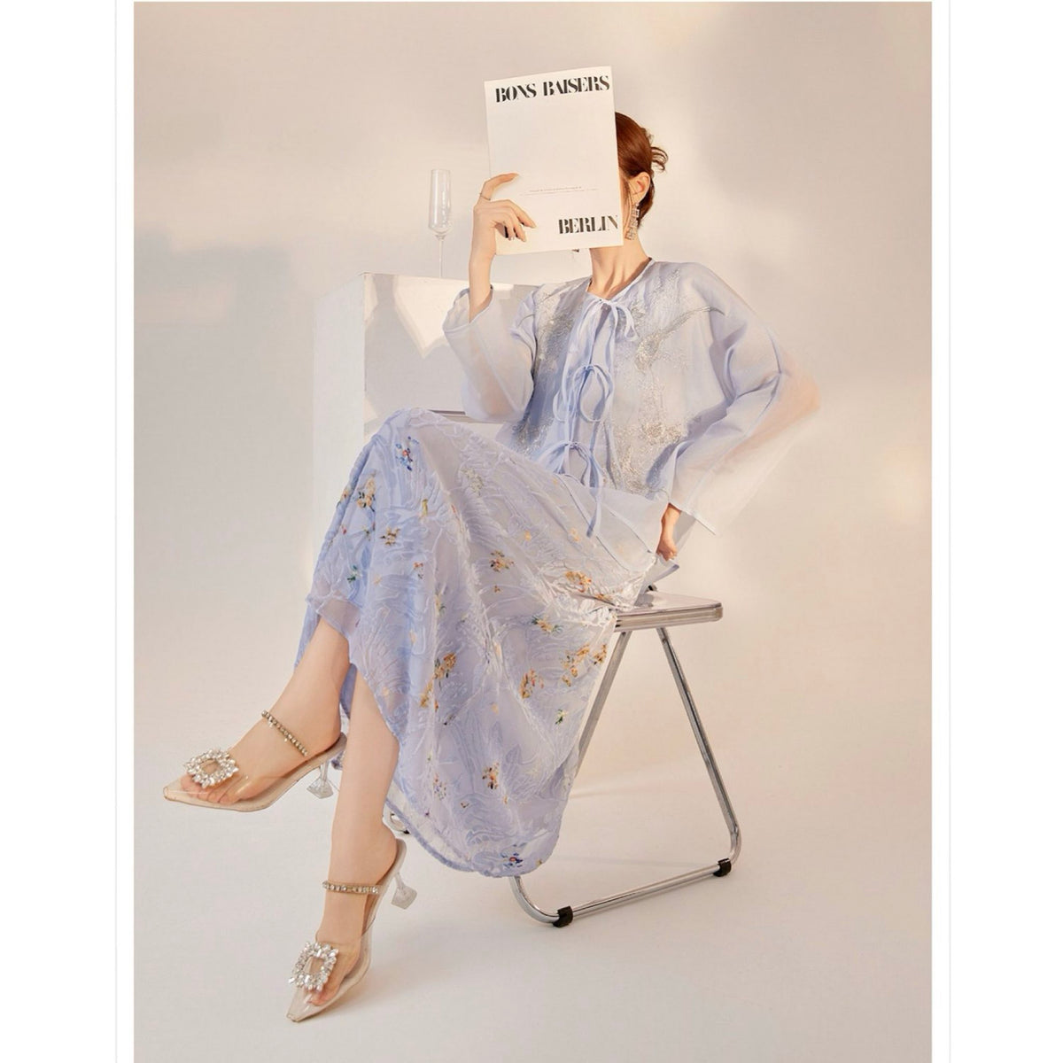 WJY STUDIO - Blue Embroidered Cardigan with 3D Florals, buy at DOORS NYC