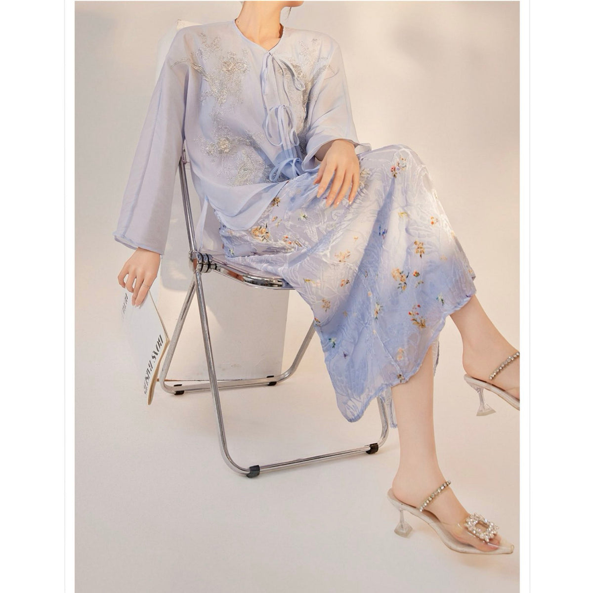 WJY STUDIO - Blue Embroidered Cardigan with 3D Florals, buy at DOORS NYC