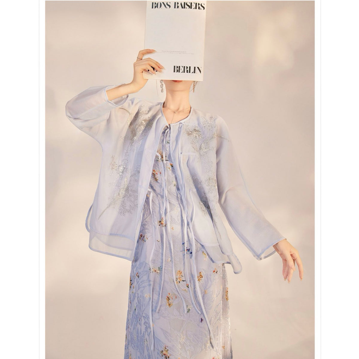 WJY STUDIO - Blue Embroidered Cardigan with 3D Florals, buy at DOORS NYC