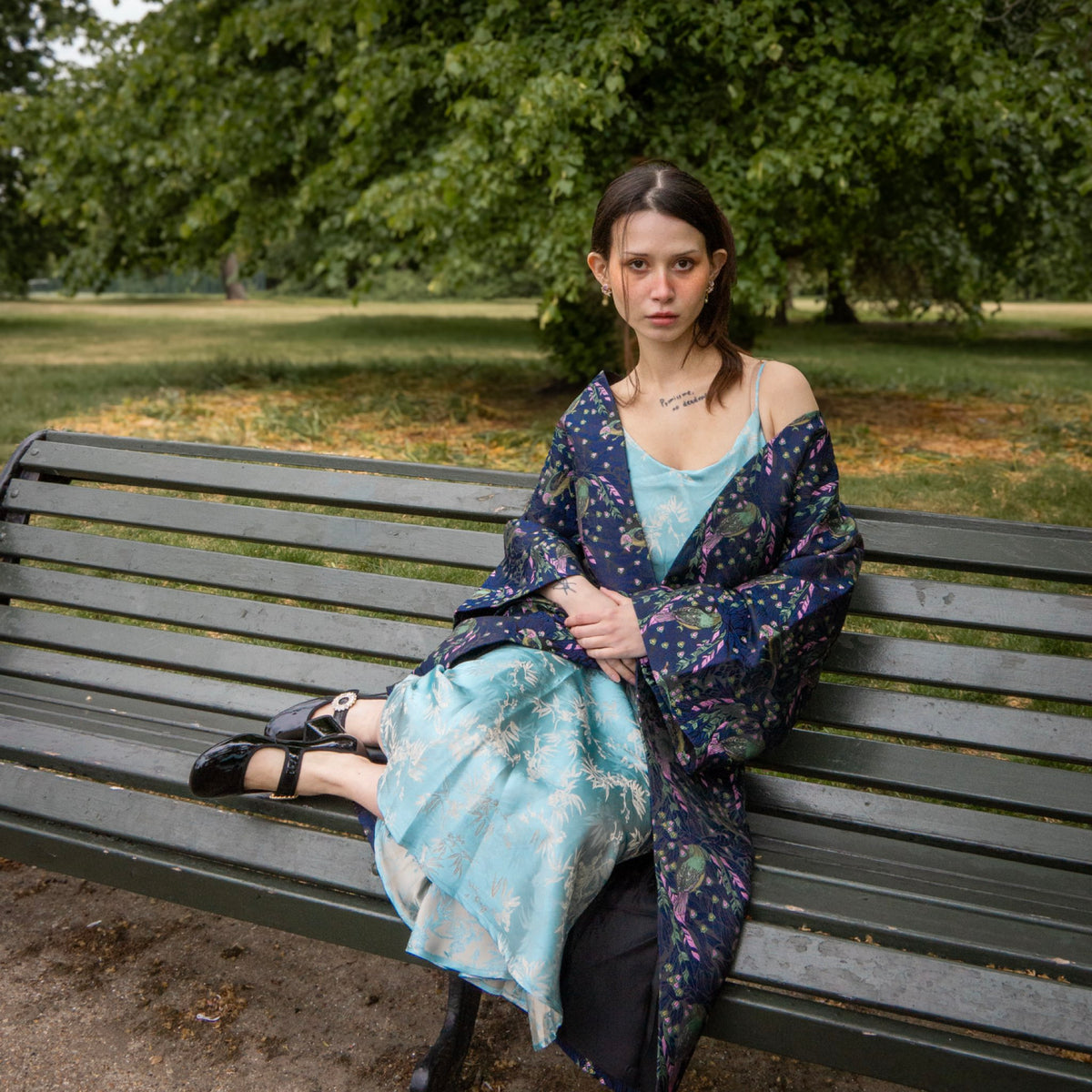 WJY STUDIO - Blue Silk Slip Dress with Bamboo Embroidery, buy at DOORS NYC