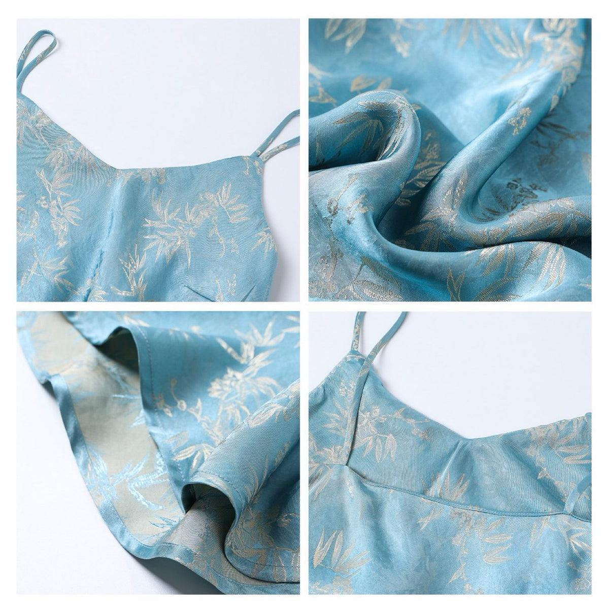 WJY STUDIO - Blue Silk Slip Dress with Bamboo Embroidery, buy at DOORS NYC