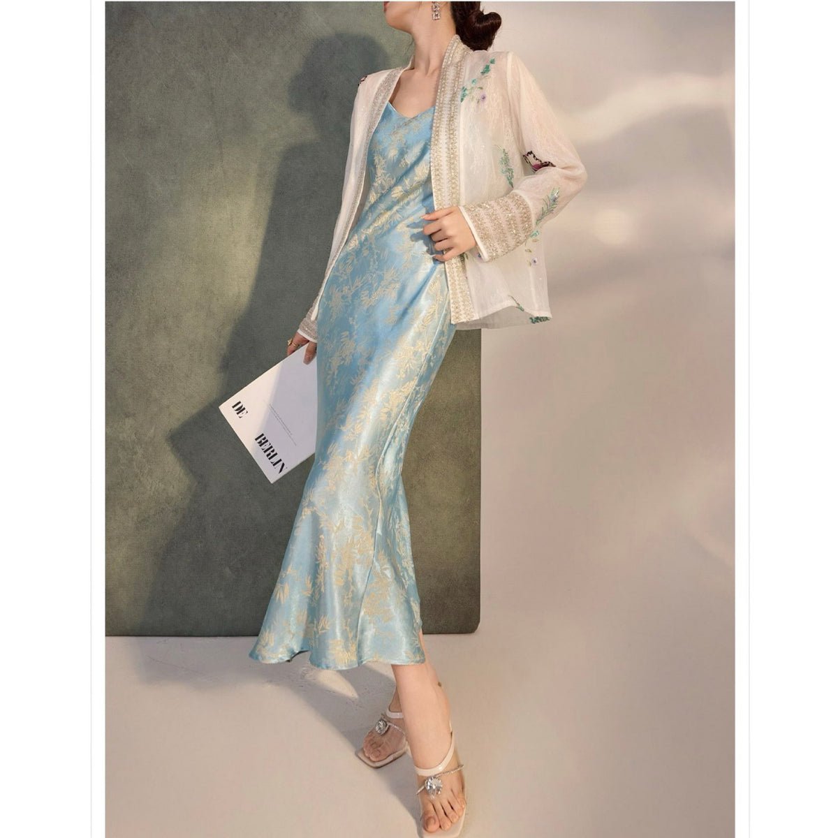 WJY STUDIO - Blue Silk Slip Dress with Bamboo Embroidery, buy at DOORS NYC