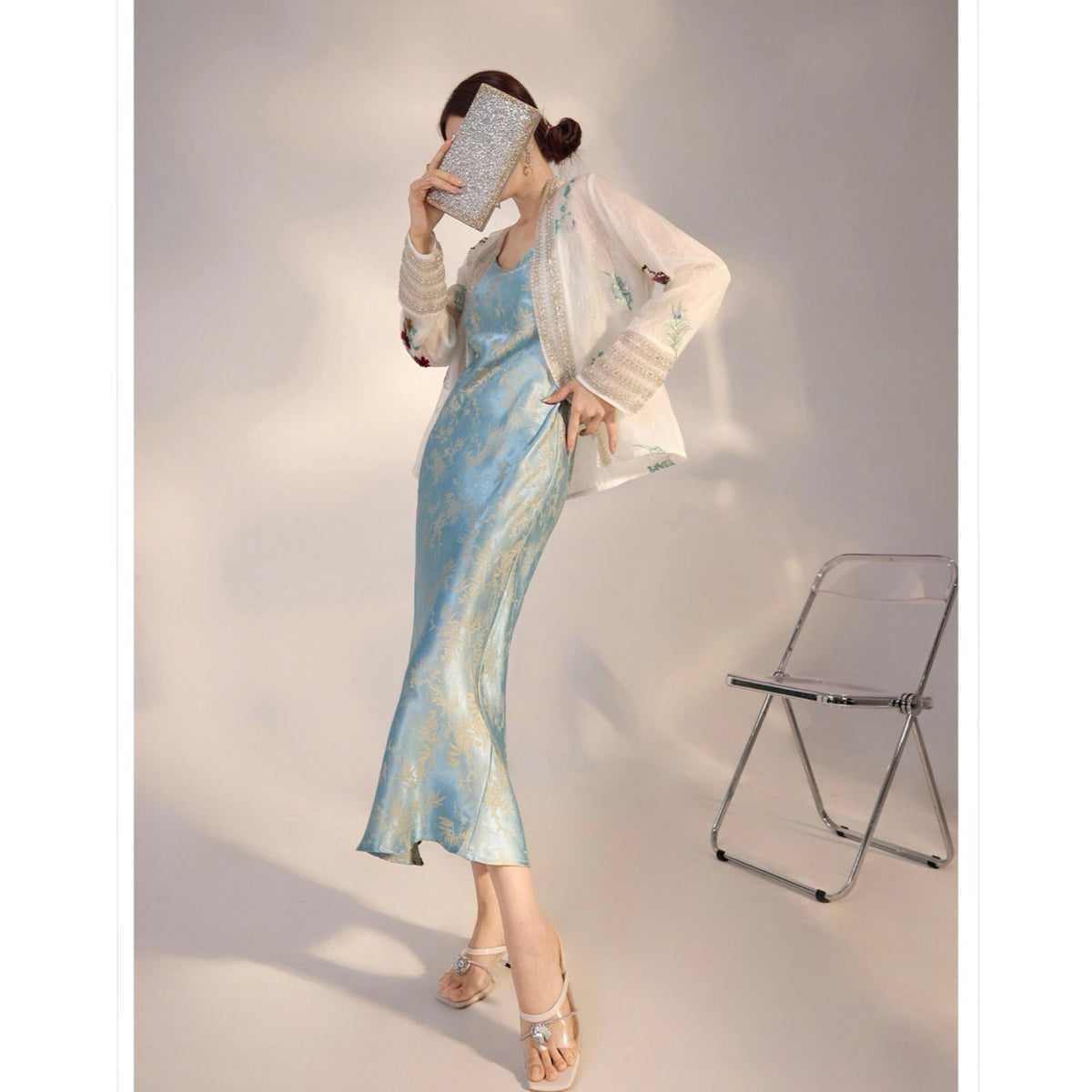 WJY STUDIO - Blue Silk Slip Dress with Bamboo Embroidery, buy at DOORS NYC