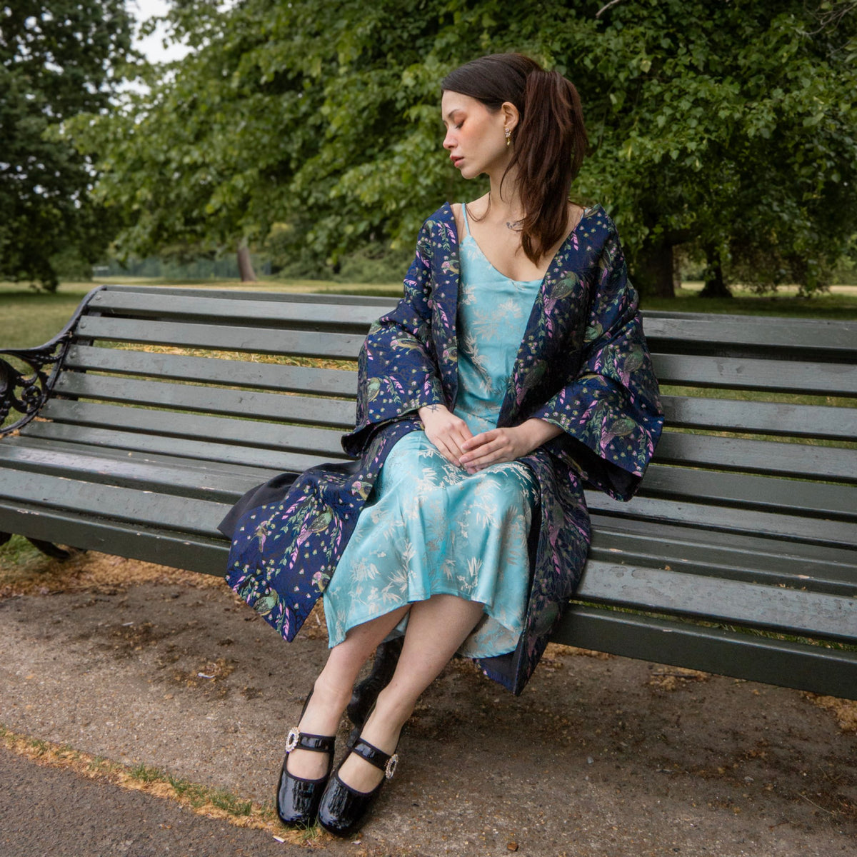 WJY STUDIO - Blue Silk Slip Dress with Bamboo Embroidery, buy at DOORS NYC