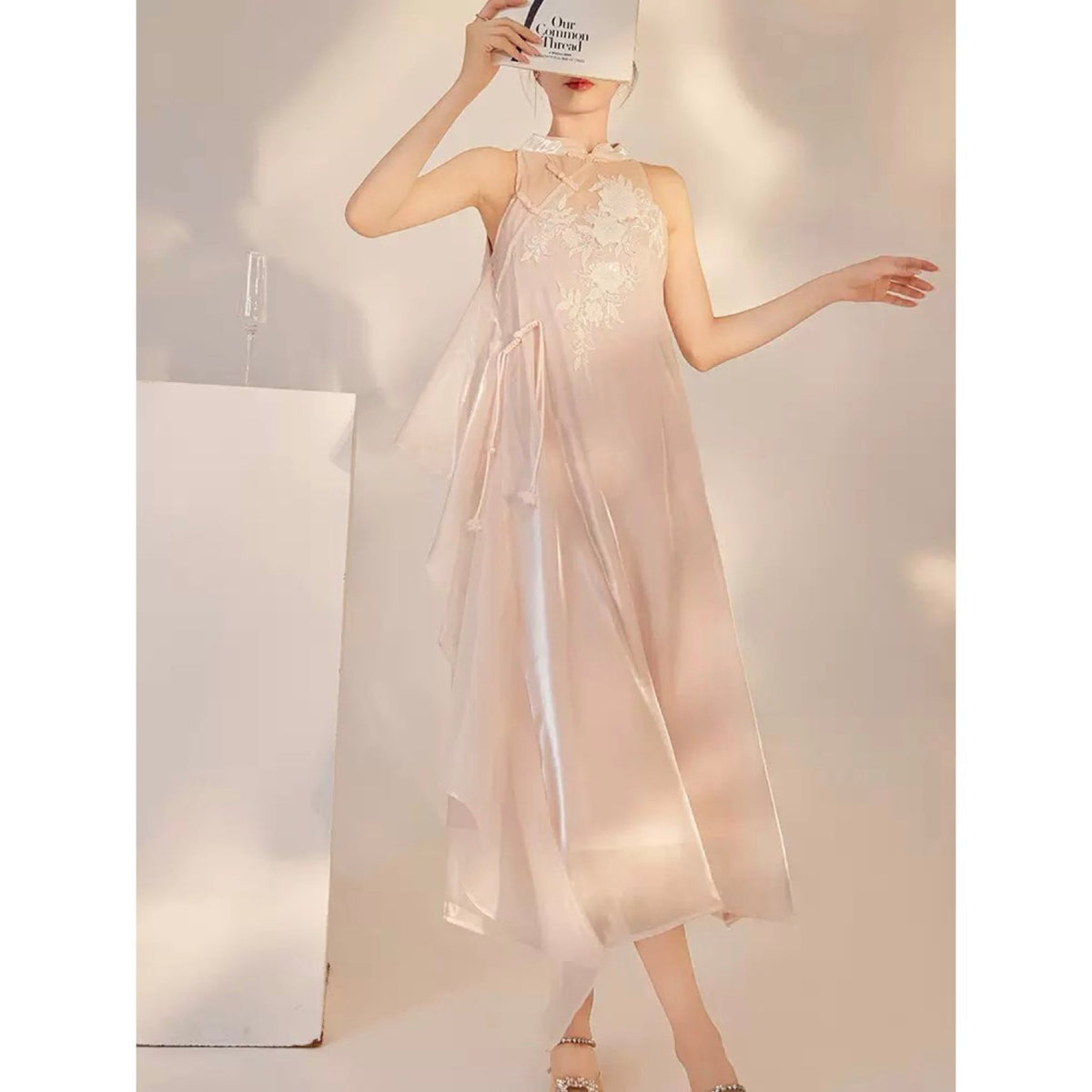 WJY STUDIO - Pink Floral Embroidered Midi Dress, buy at DOORS NYC