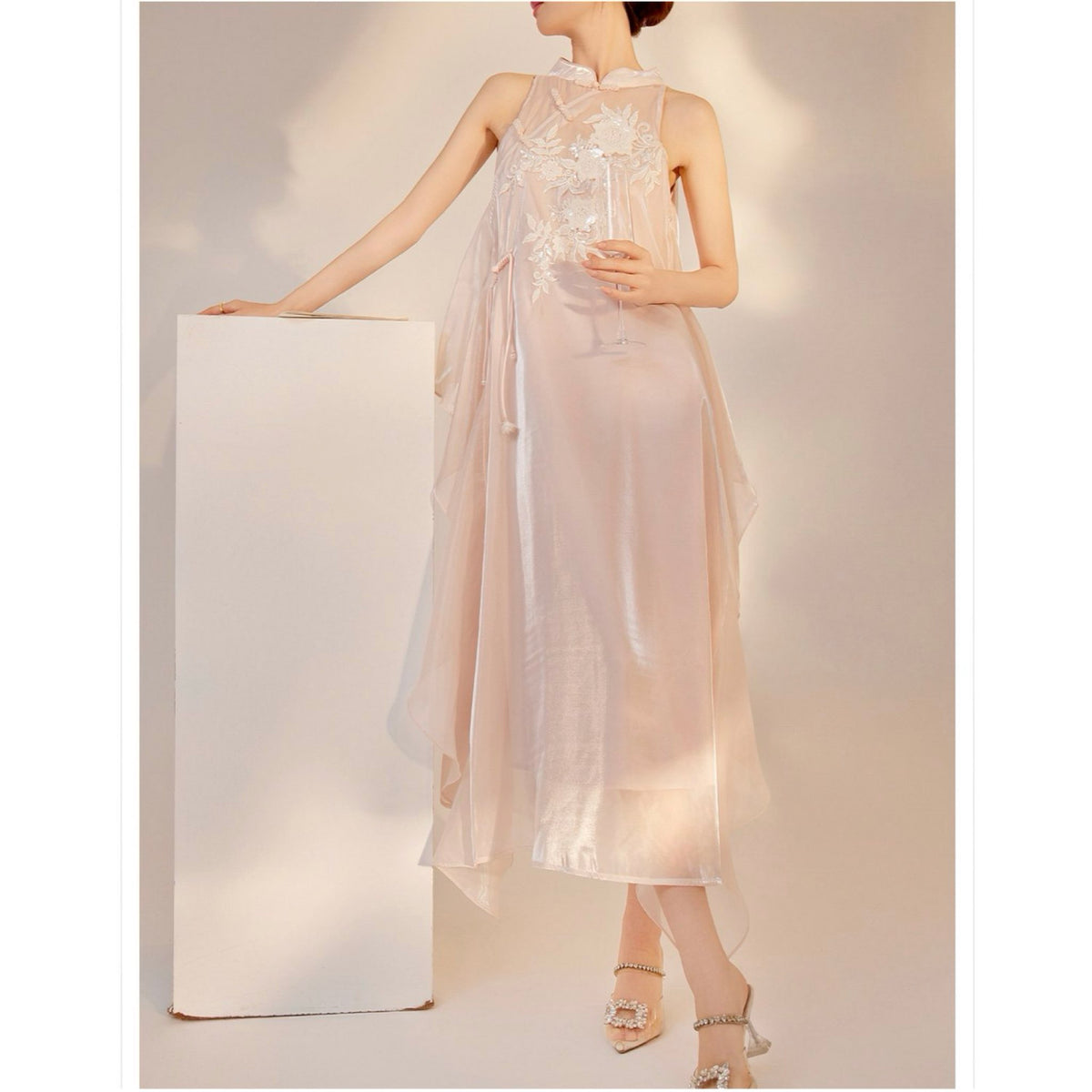 WJY STUDIO - Pink Floral Embroidered Midi Dress, buy at DOORS NYC