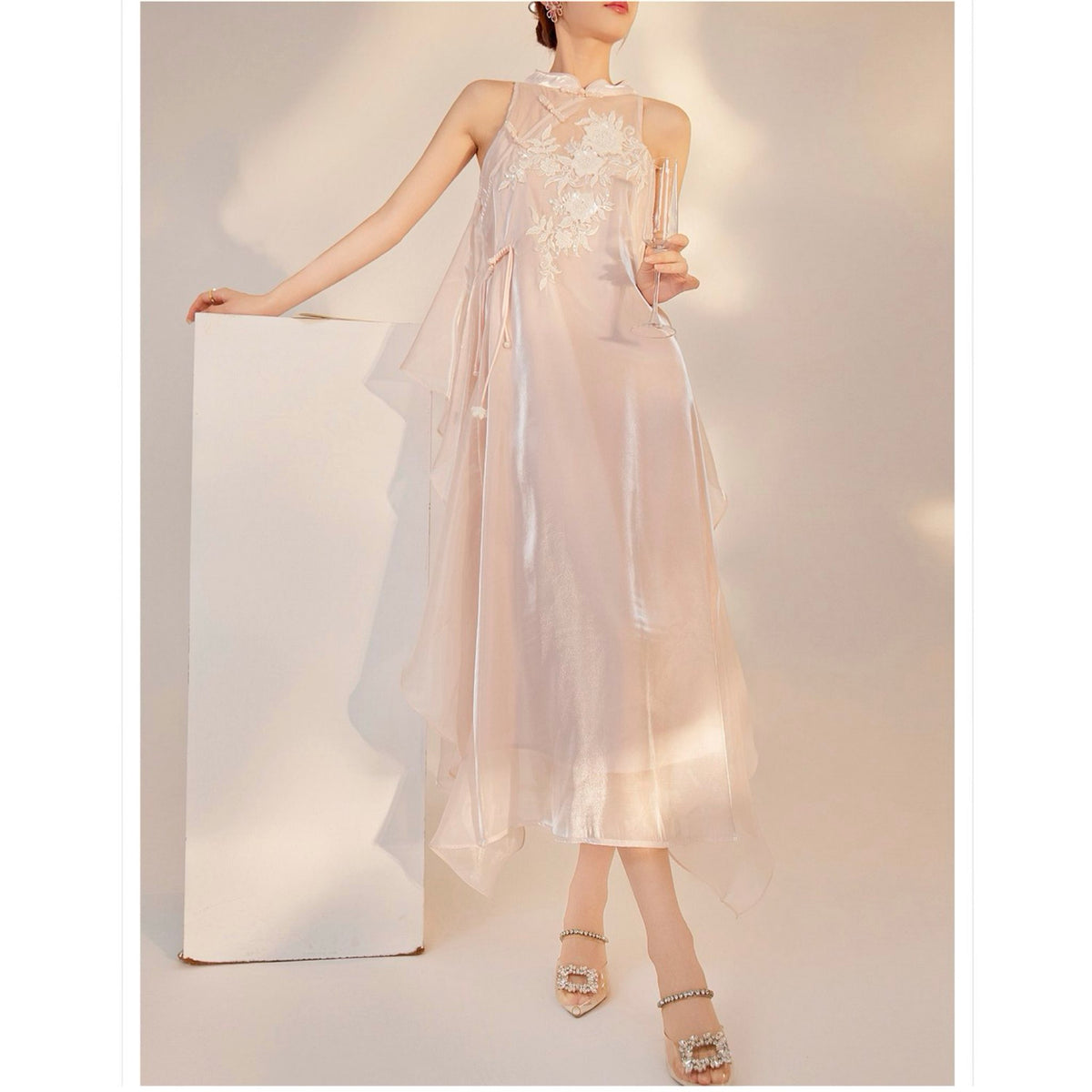 WJY STUDIO - Pink Floral Embroidered Midi Dress, buy at DOORS NYC