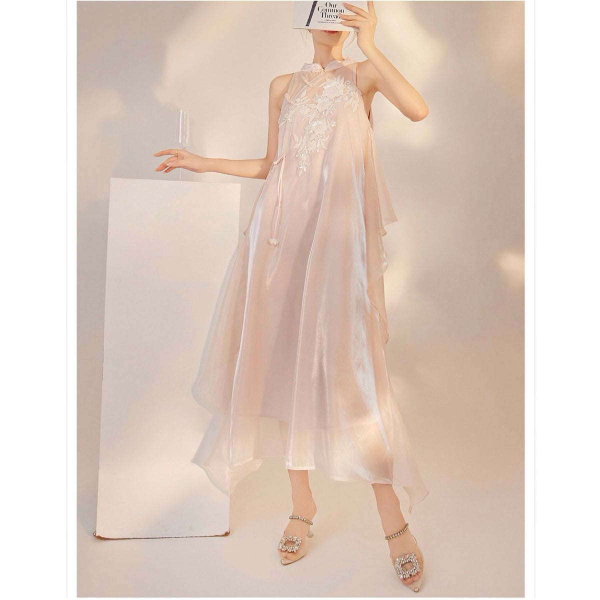 WJY STUDIO - Pink Floral Embroidered Midi Dress, buy at DOORS NYC