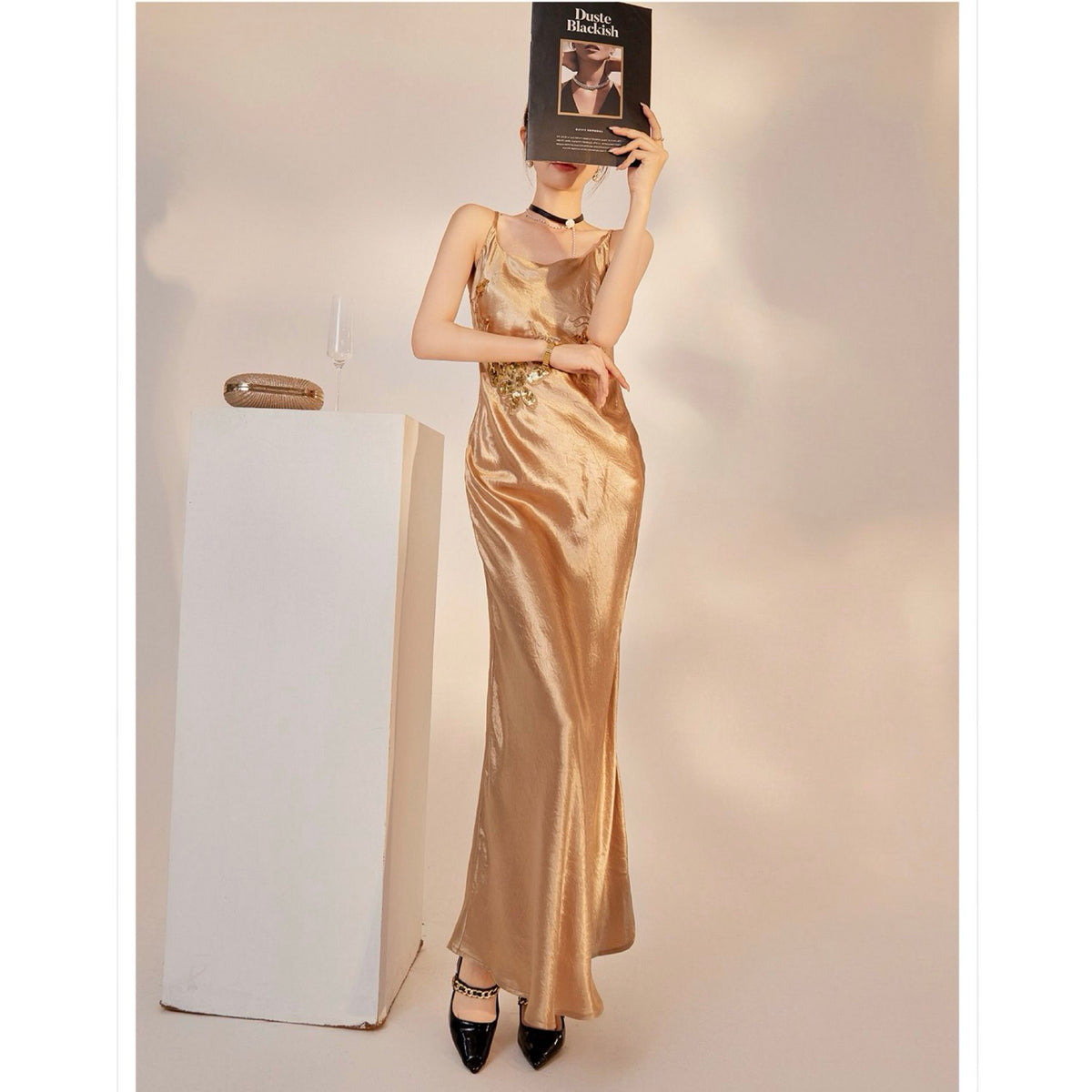 WJY STUDIO - Champagne Embroidered Slip Dress, buy at DOORS NYC