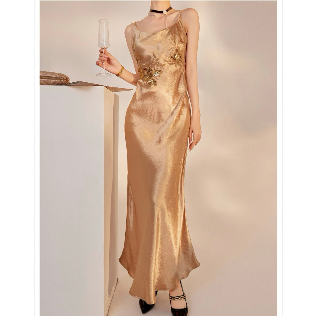 WJY STUDIO - Champagne Embroidered Slip Dress, buy at DOORS NYC