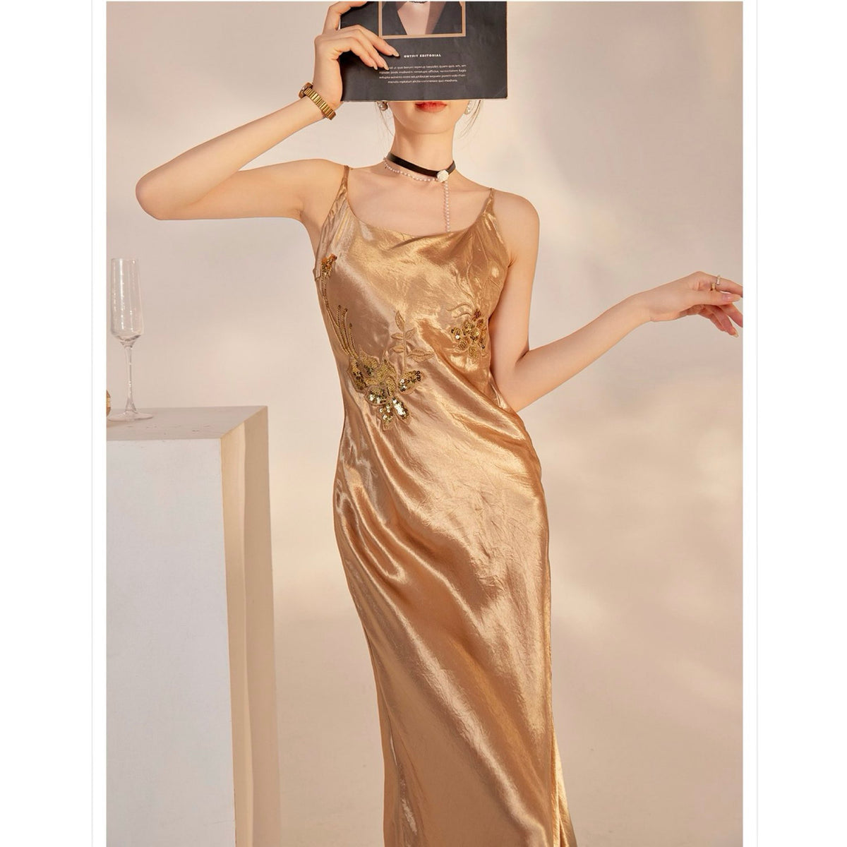 WJY STUDIO - Champagne Embroidered Slip Dress, buy at DOORS NYC