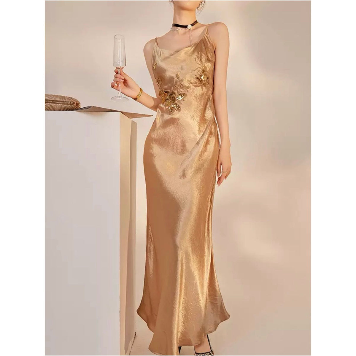 WJY STUDIO - Champagne Embroidered Slip Dress, buy at DOORS NYC
