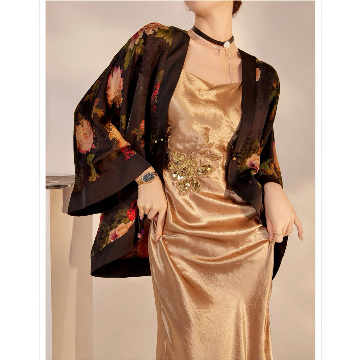 WJY STUDIO - Champagne Embroidered Slip Dress, buy at DOORS NYC