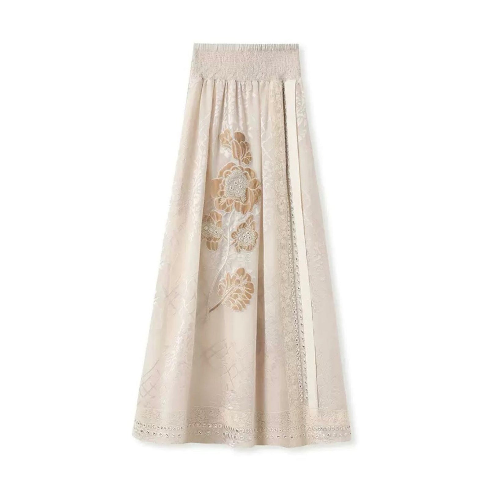 WJY STUDIO - Cream Embroidered Long Skirt with Floral Appliqué, buy at DOORS NYC
