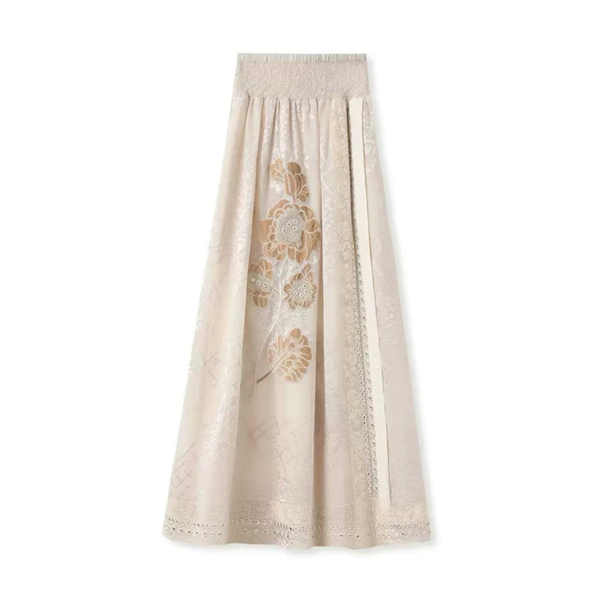 WJY STUDIO - Cream Embroidered Long Skirt with Floral Appliqué, buy at DOORS NYC