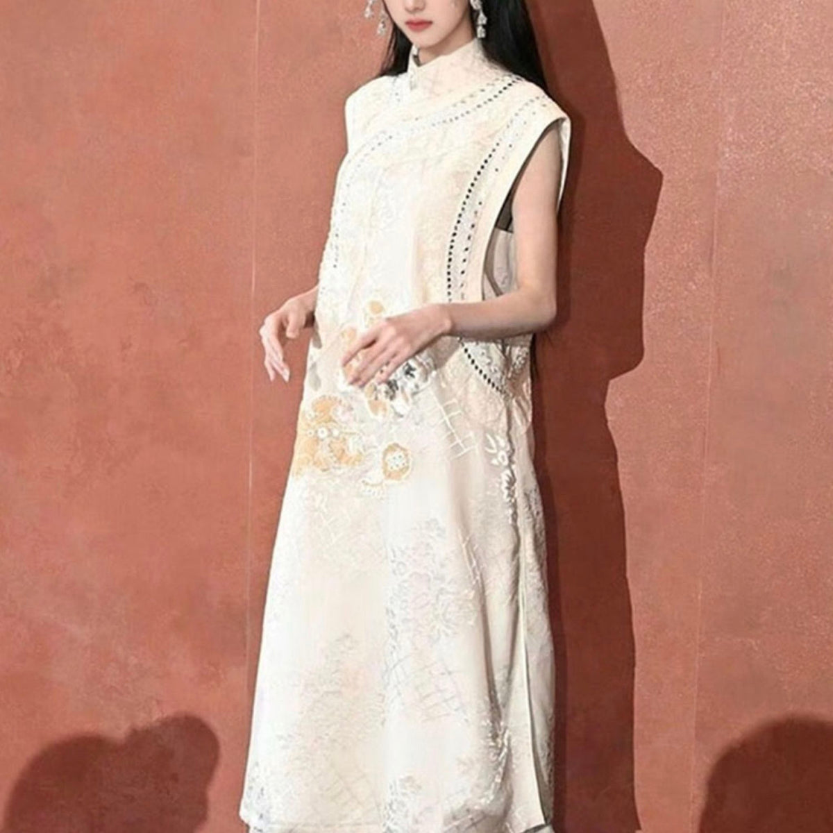 WJY STUDIO - Cream Embroidered Long Skirt with Floral Appliqué, buy at DOORS NYC