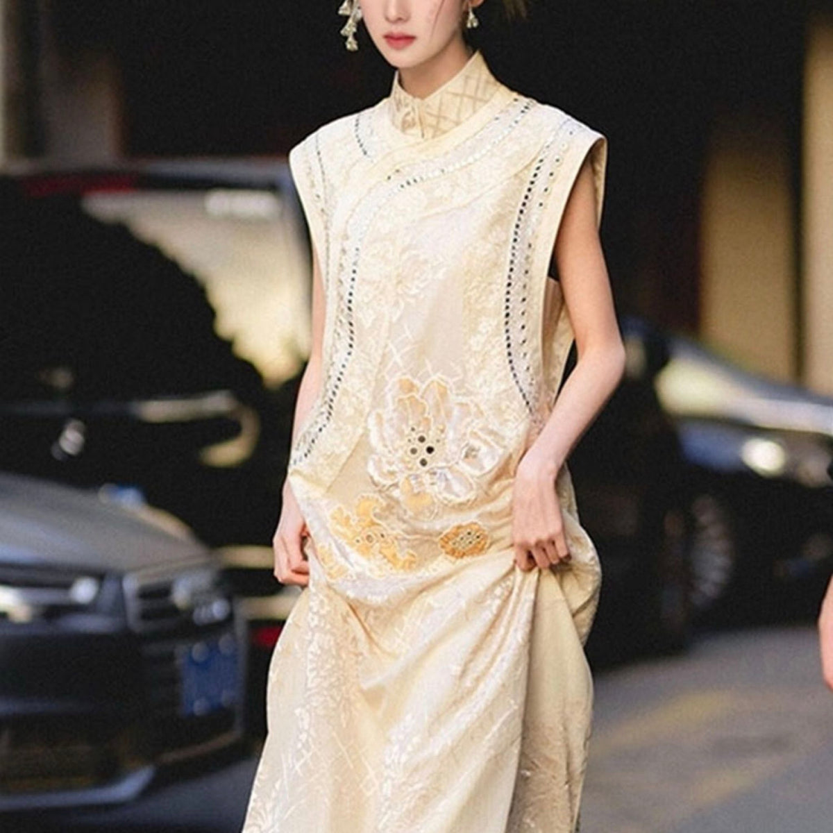 WJY STUDIO - Cream Embroidered Long Skirt with Floral Appliqué, buy at DOORS NYC