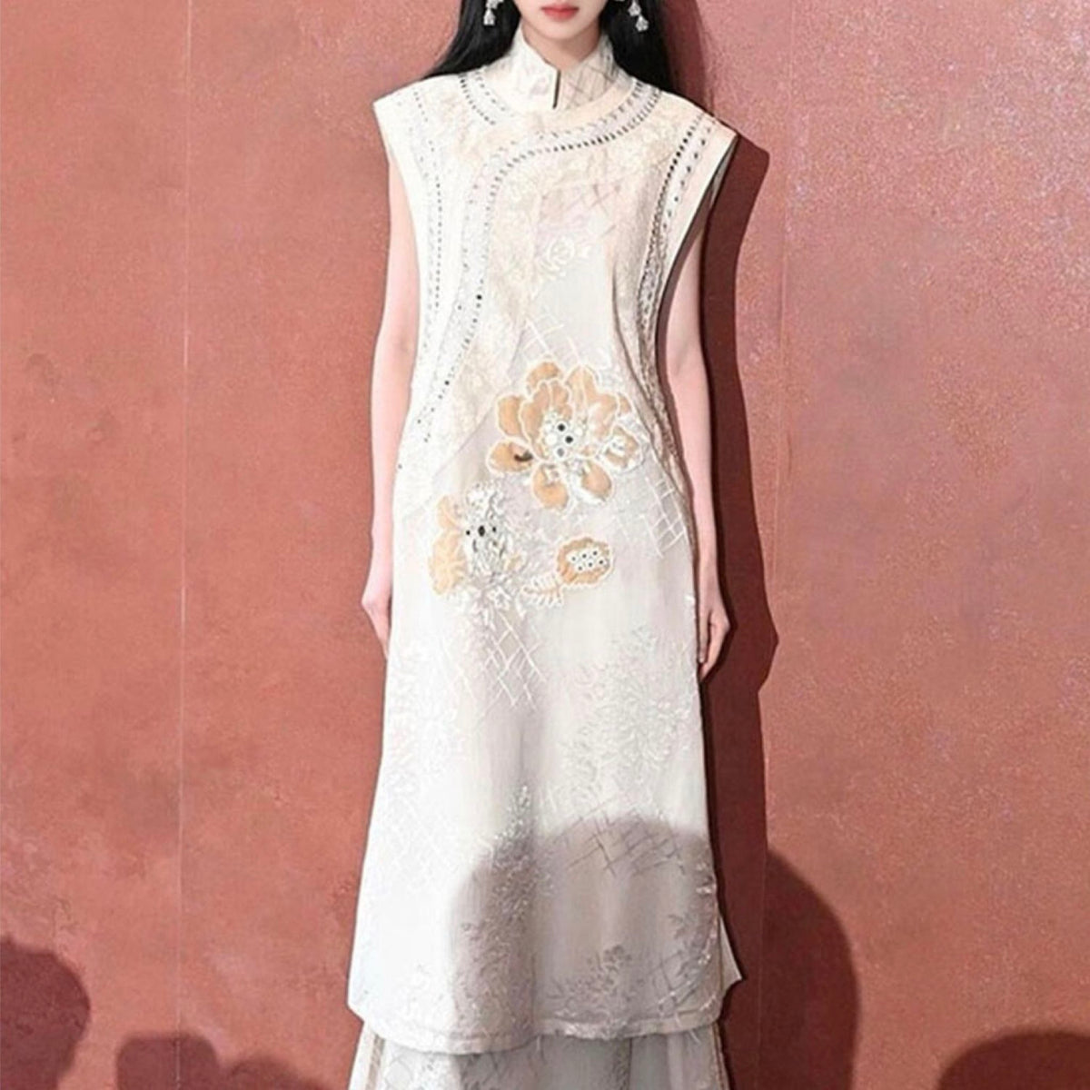 WJY STUDIO - Cream Embroidered Long Skirt with Floral Appliqué, buy at DOORS NYC