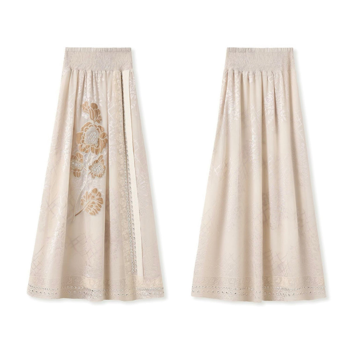 WJY STUDIO - Cream Embroidered Long Skirt with Floral Appliqué, buy at DOORS NYC