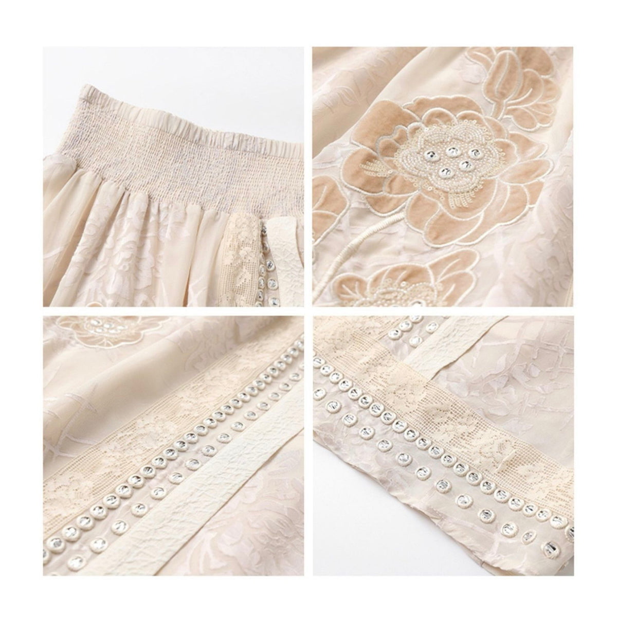 WJY STUDIO - Cream Embroidered Long Skirt with Floral Appliqué, buy at DOORS NYC