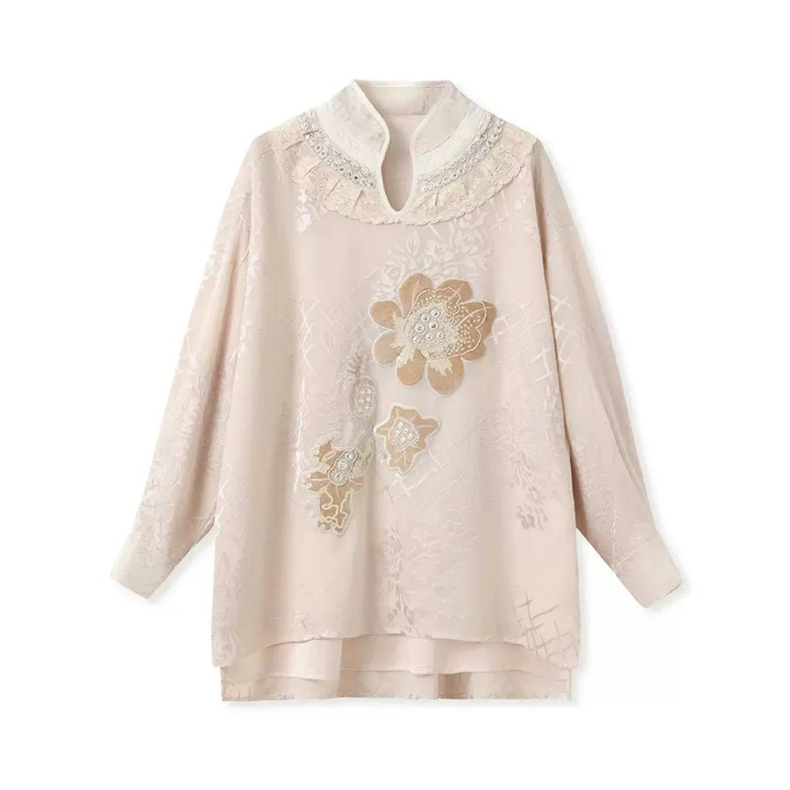 WJY STUDIO - Cream Embroidered Oversized Top with Stand Collar, buy at DOORS NYC
