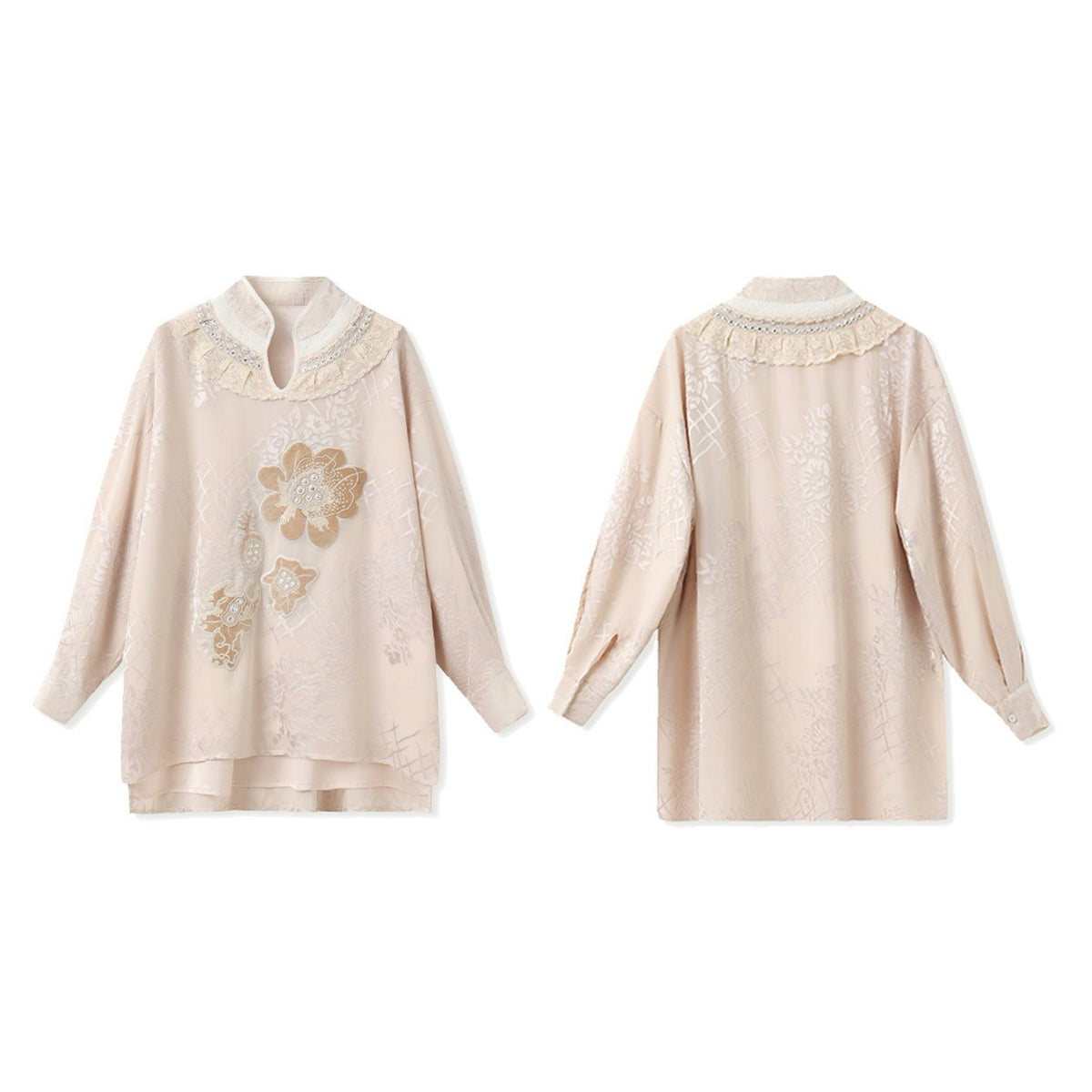 WJY STUDIO - Cream Embroidered Oversized Top with Stand Collar, buy at DOORS NYC