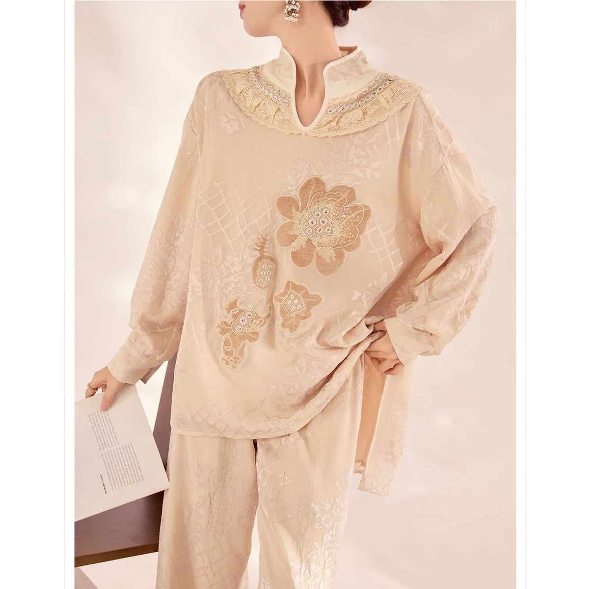 WJY STUDIO - Cream Embroidered Oversized Top with Stand Collar, buy at DOORS NYC