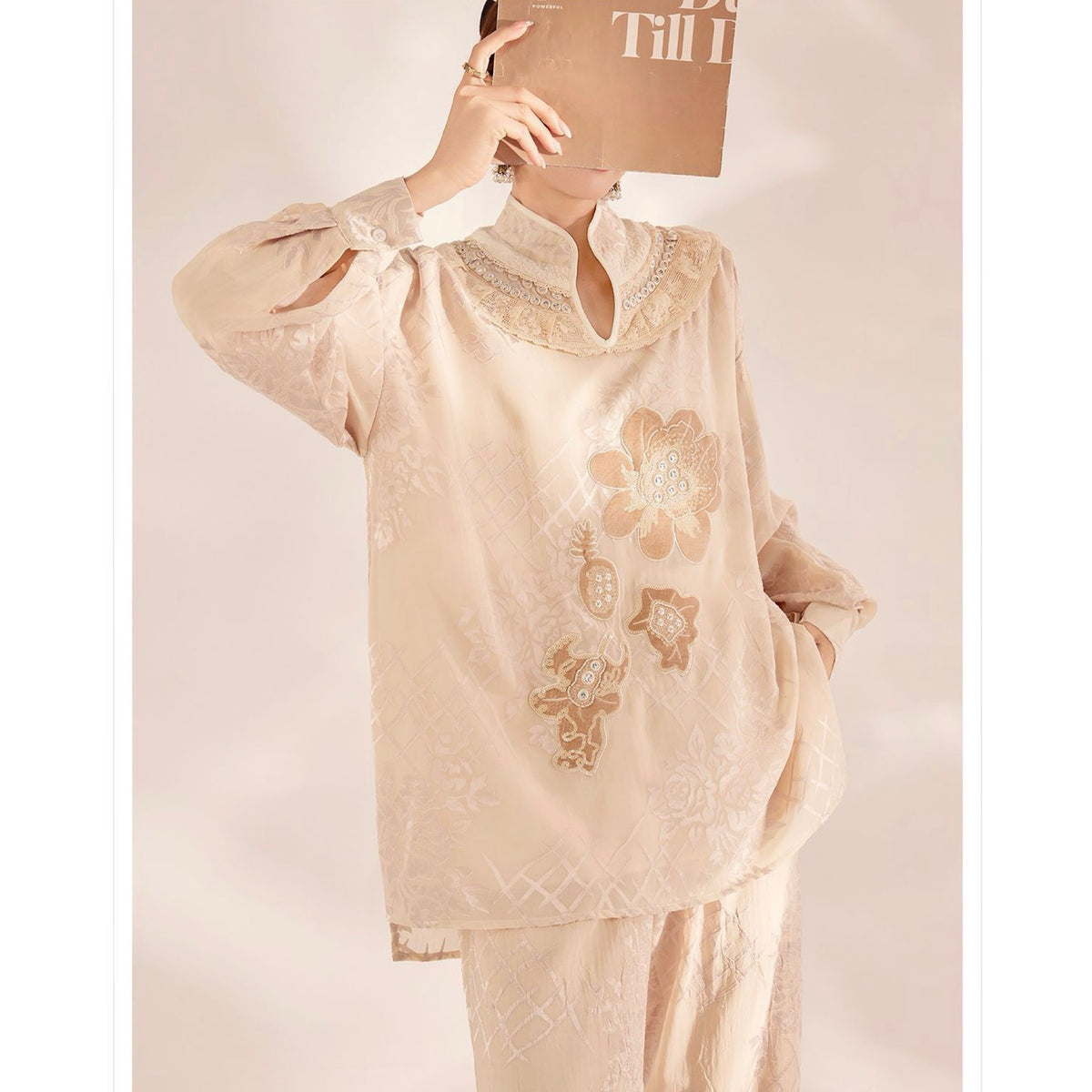 WJY STUDIO - Cream Embroidered Oversized Top with Stand Collar, buy at DOORS NYC