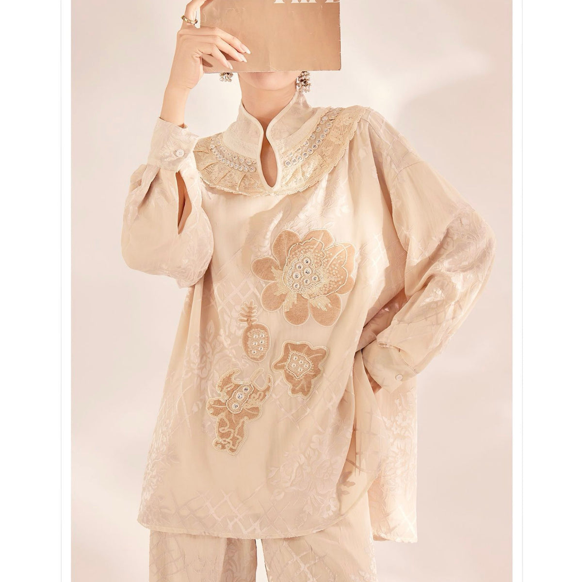 WJY STUDIO - Cream Embroidered Oversized Top with Stand Collar, buy at DOORS NYC