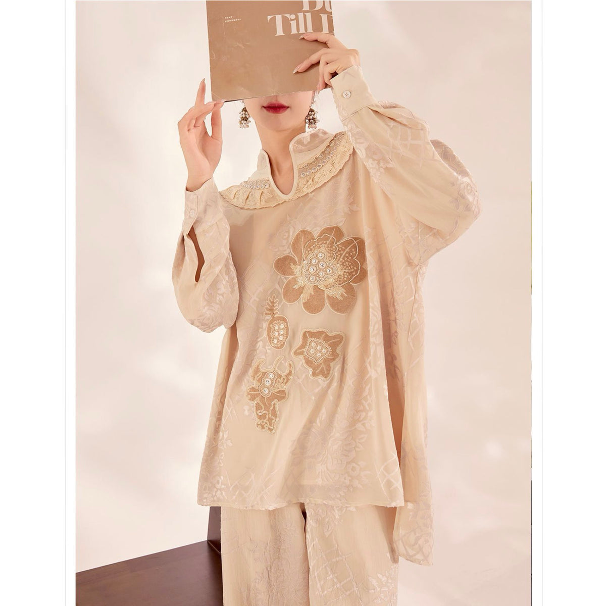 WJY STUDIO - Cream Embroidered Oversized Top with Stand Collar, buy at DOORS NYC