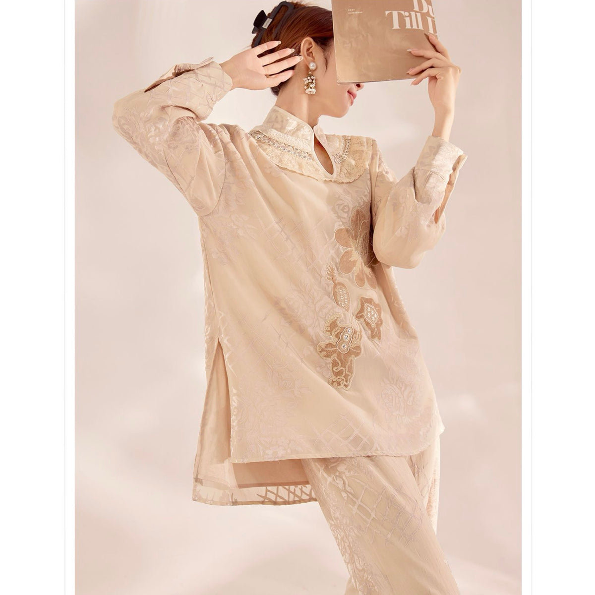 WJY STUDIO - Cream Embroidered Oversized Top with Stand Collar, buy at DOORS NYC
