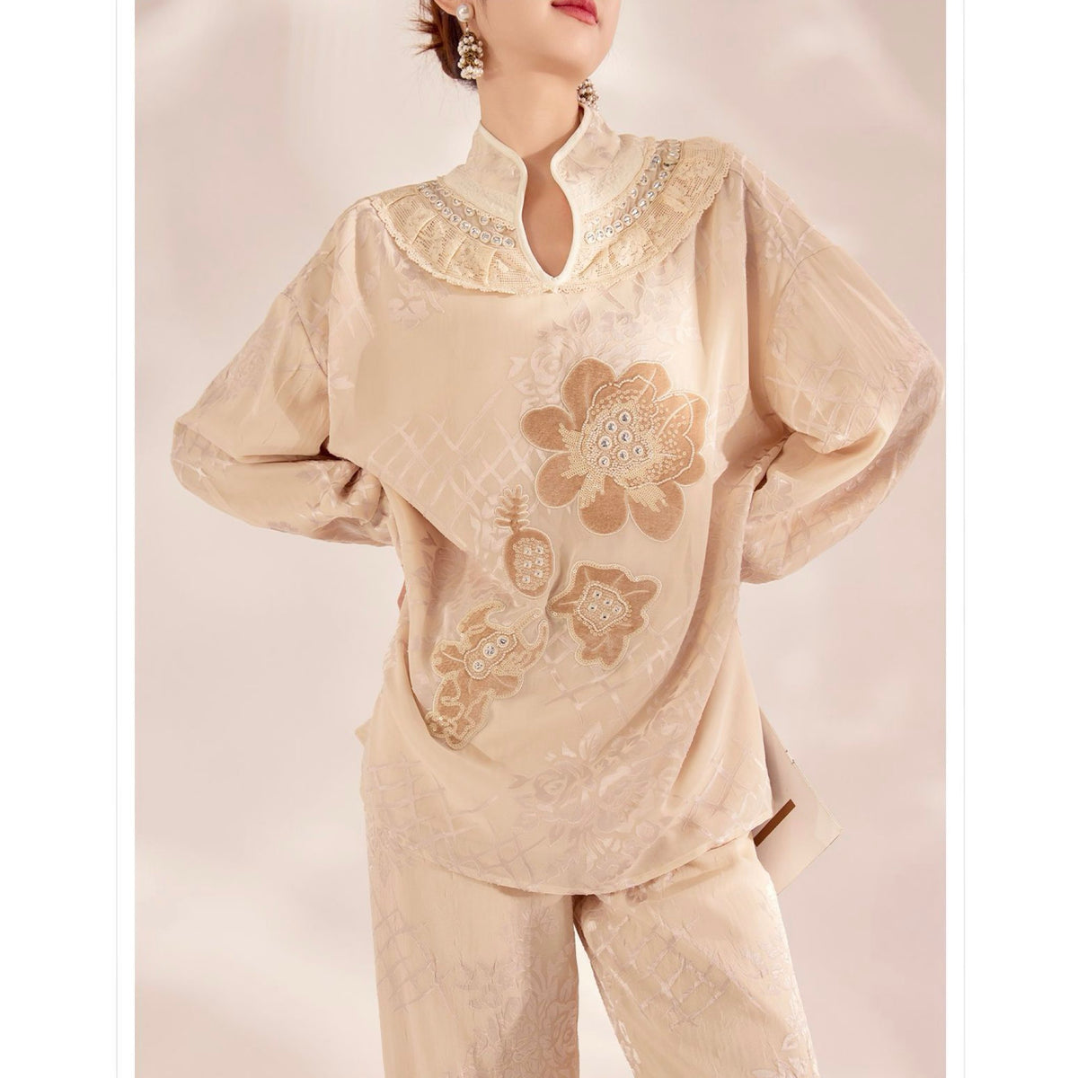 WJY STUDIO - Cream Embroidered Wide-Leg Trousers, buy at DOORS NYC