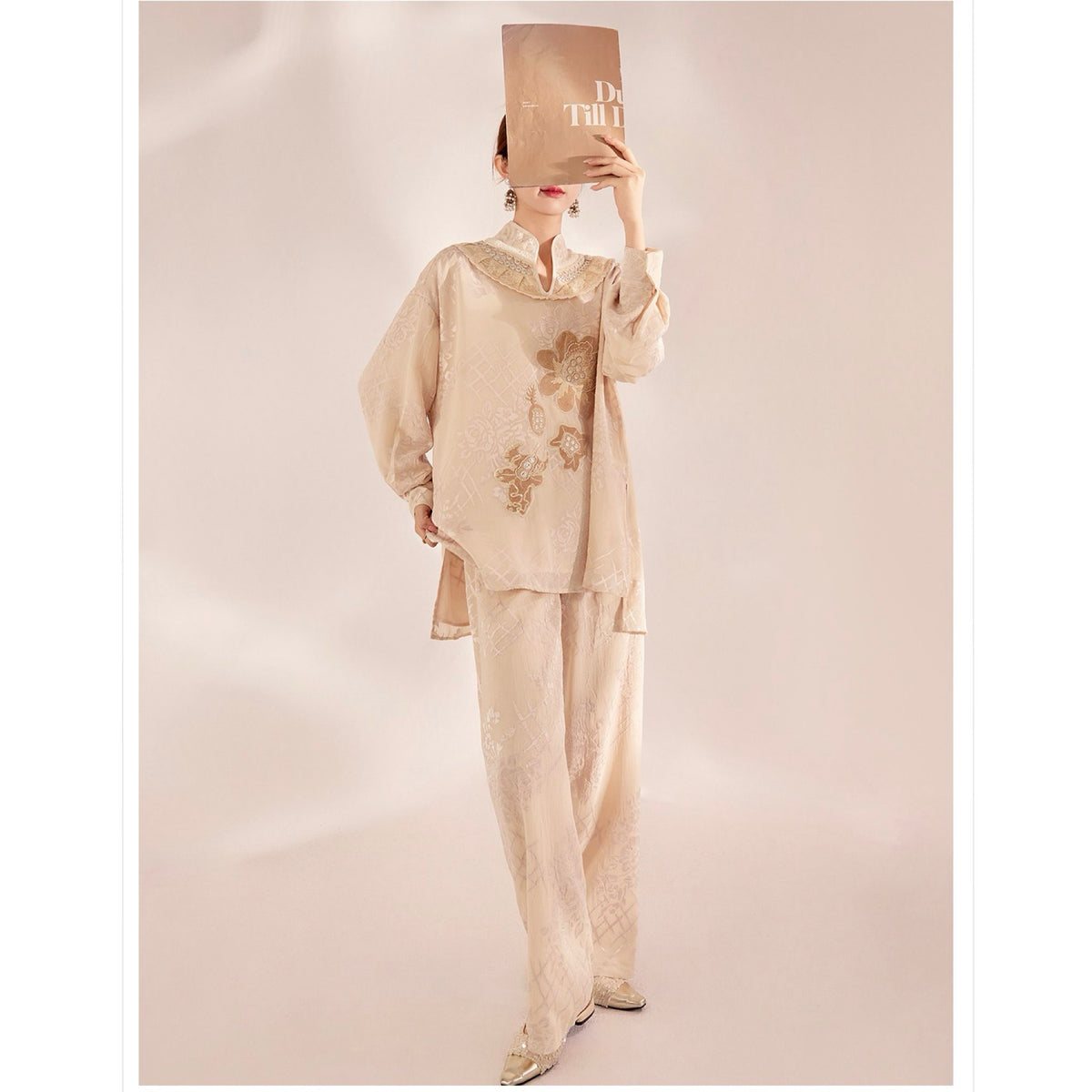 WJY STUDIO - Cream Embroidered Wide-Leg Trousers, buy at DOORS NYC