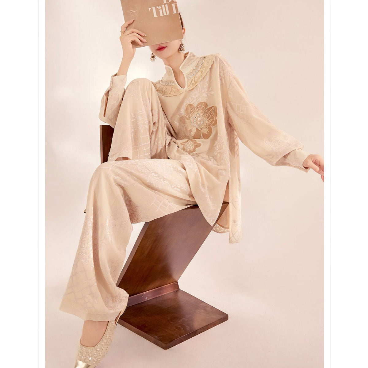 WJY STUDIO - Cream Embroidered Wide-Leg Trousers, buy at DOORS NYC