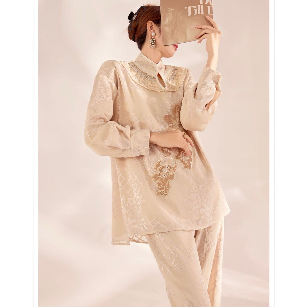 WJY STUDIO - Cream Embroidered Wide-Leg Trousers, buy at DOORS NYC