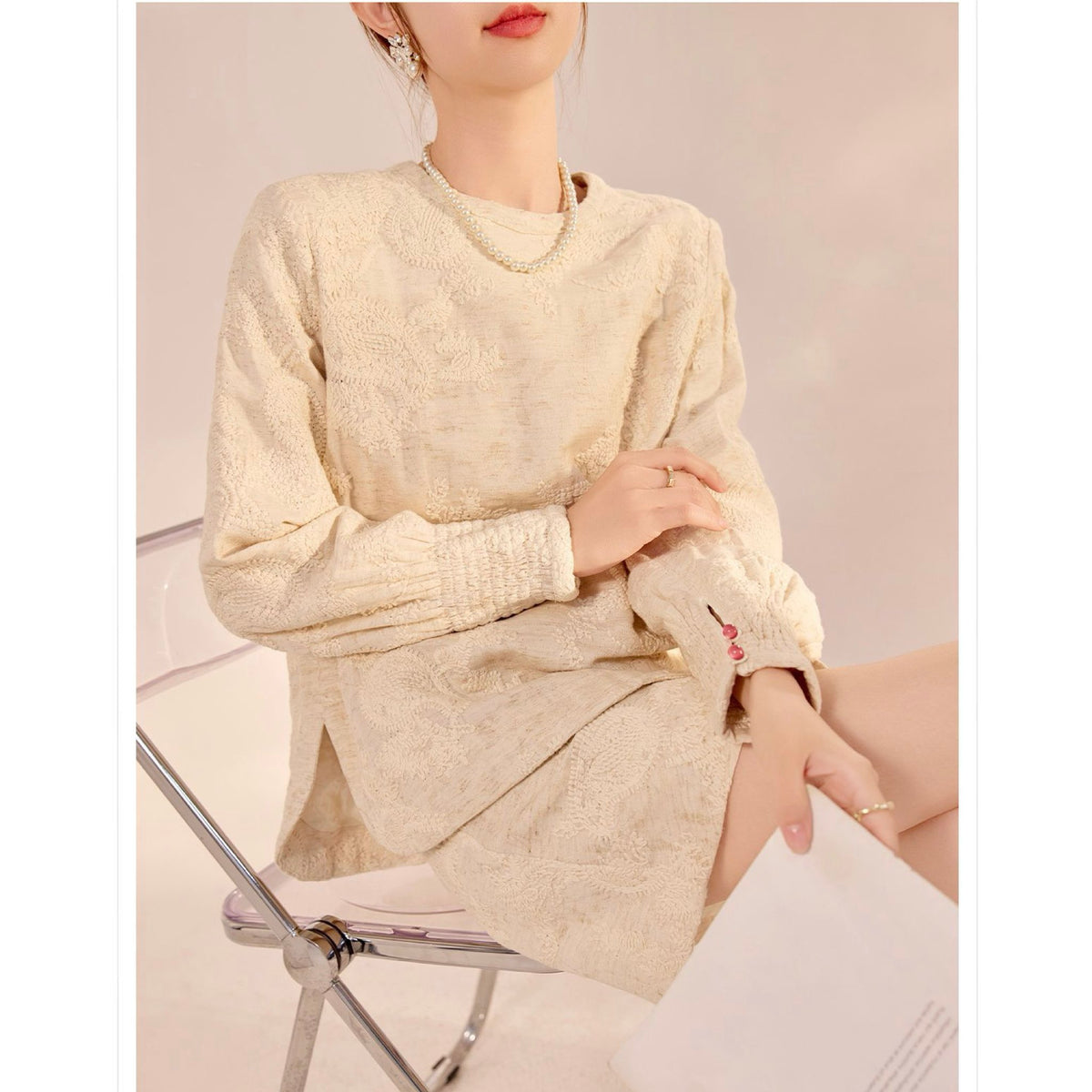 WJY STUDIO - Cream Embroidered Cotton-Linen Mini Skirt, buy at DOORS NYC