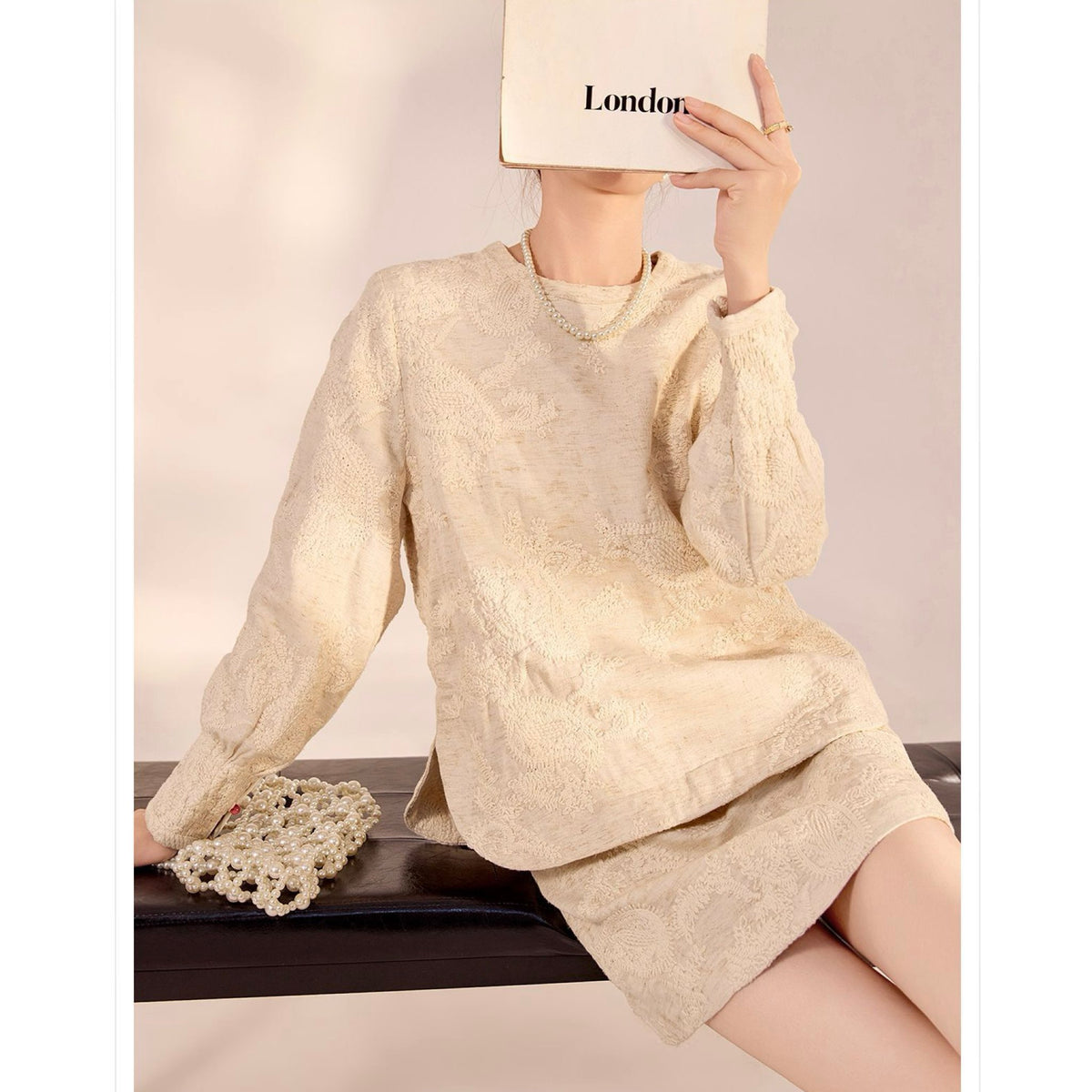 WJY STUDIO - Cream Embroidered Cotton-Linen Mini Skirt, buy at DOORS NYC