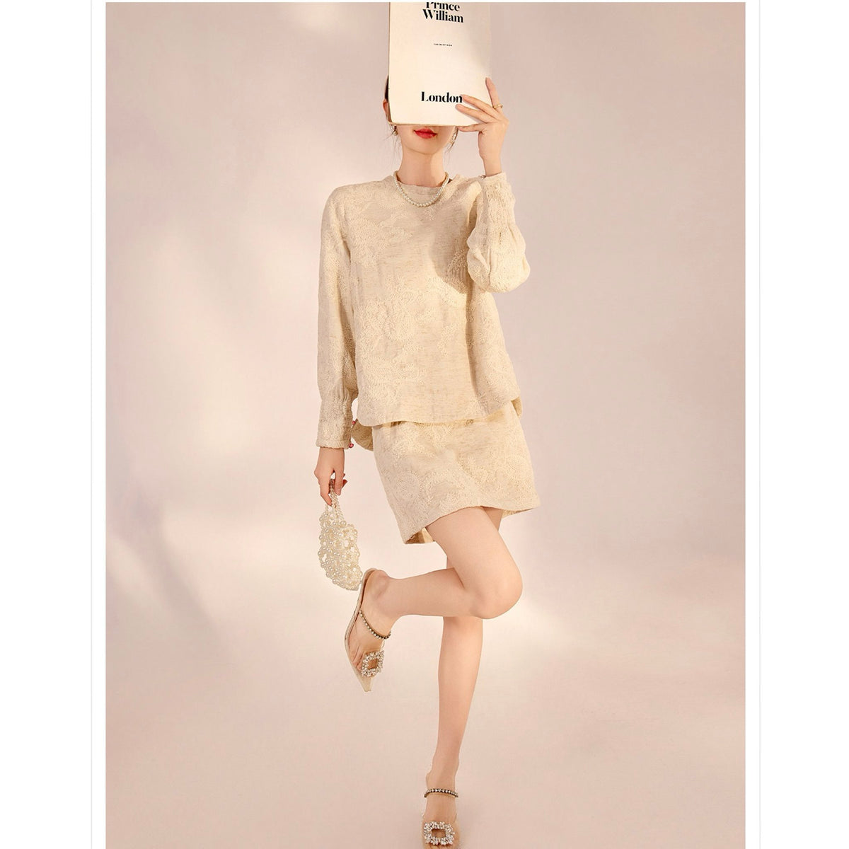 WJY STUDIO - Cream Embroidered Cotton-Linen Mini Skirt, buy at DOORS NYC