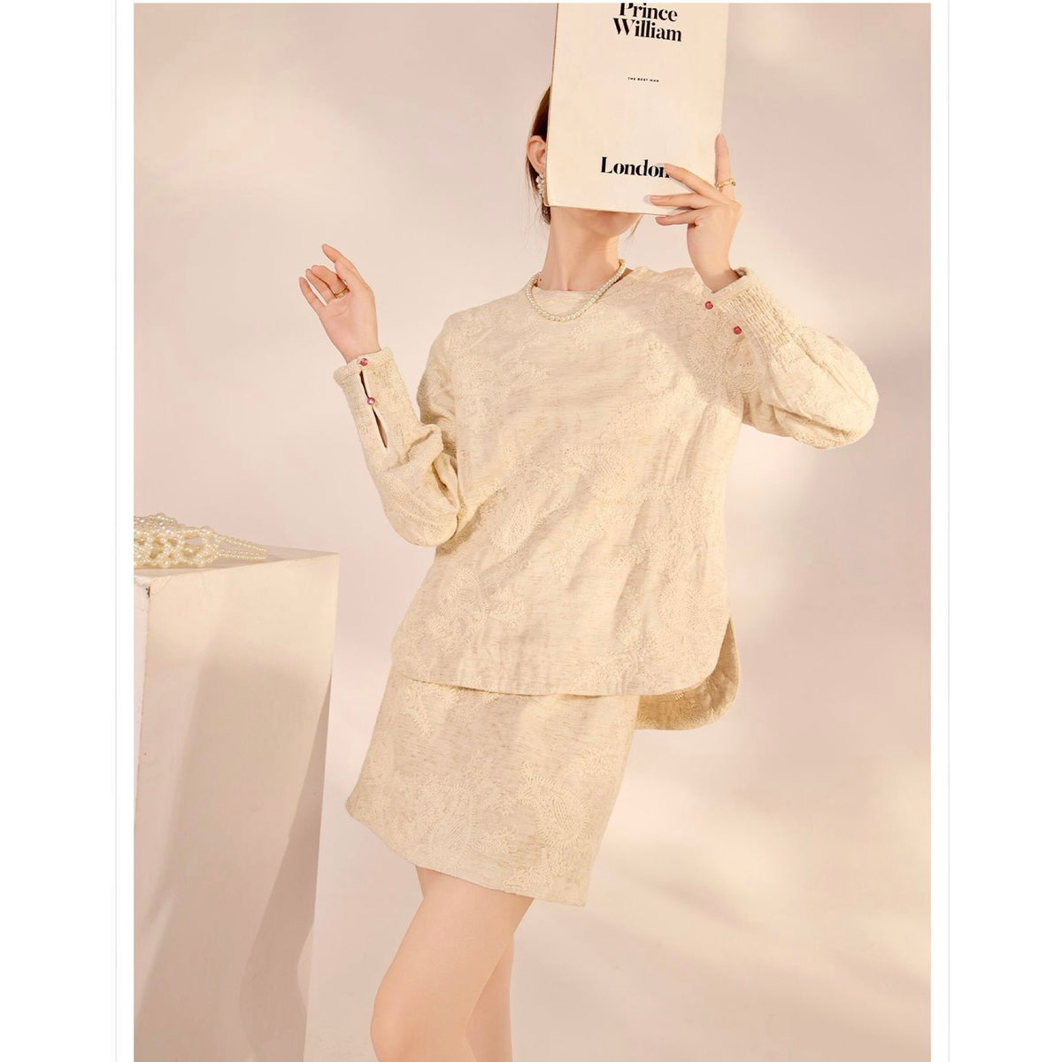 WJY STUDIO - Cream Embroidered Cotton-Linen Mini Skirt, buy at DOORS NYC