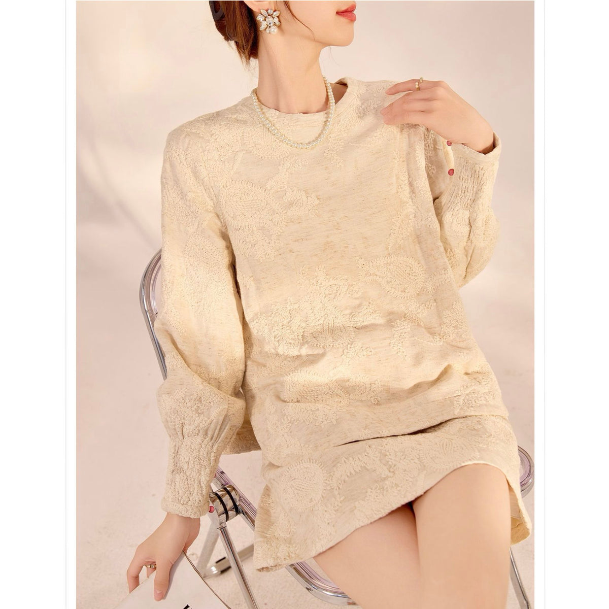 WJY STUDIO - Cream Embroidered Cotton-Linen Top, buy at DOORS NYC