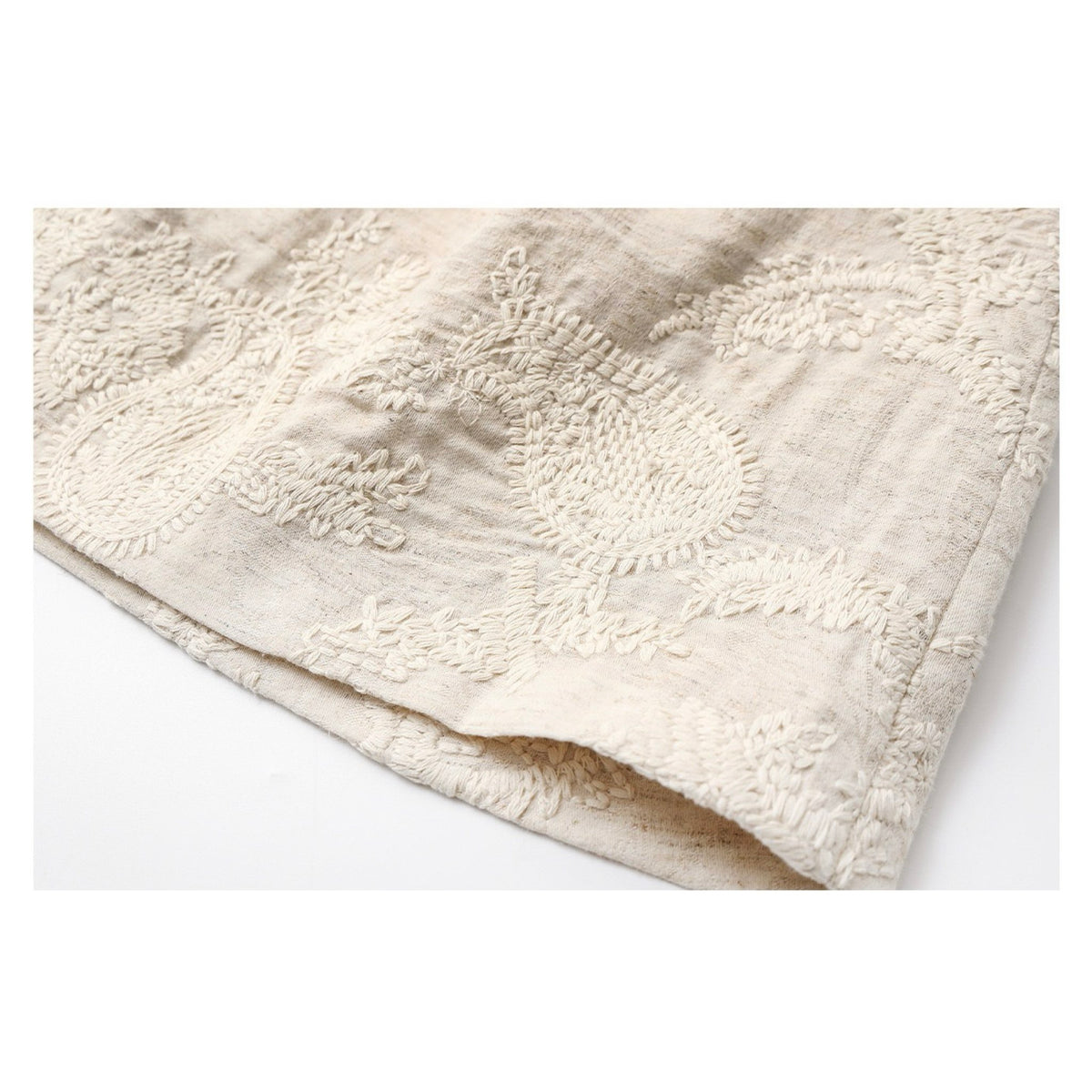 WJY STUDIO - Cream Embroidered Cotton-Linen Mini Skirt, buy at DOORS NYC