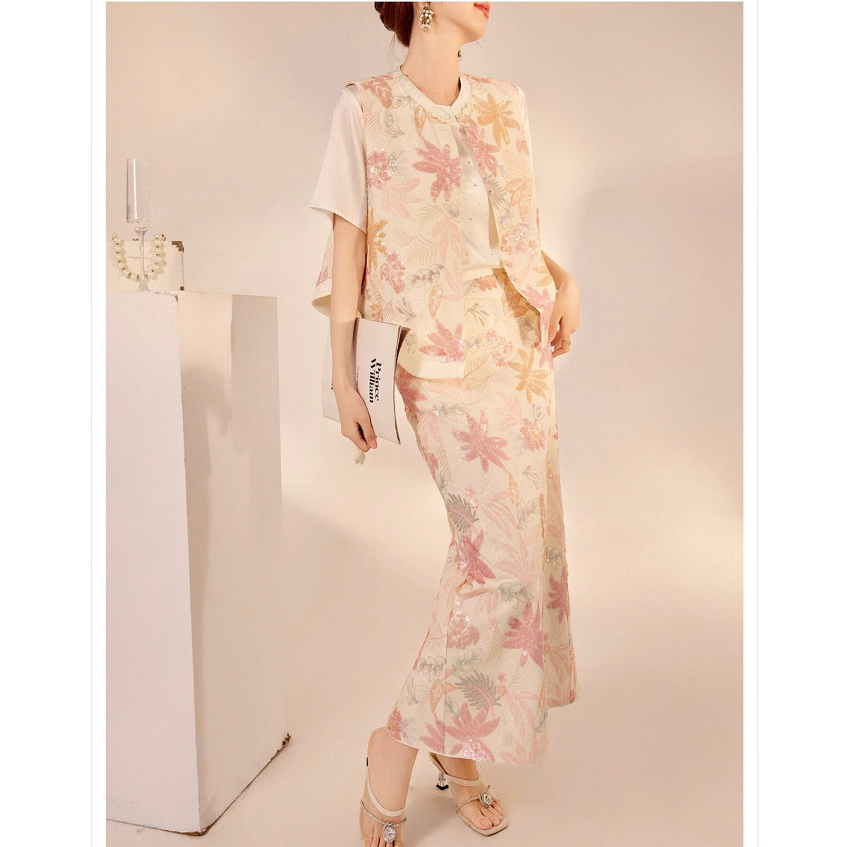 WJY STUDIO - Cream-Pink 3D Embroidered Cropped Top, buy at DOORS NYC