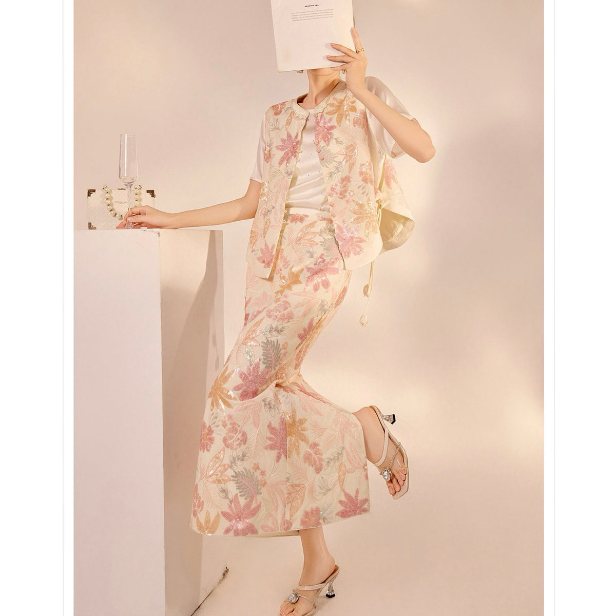 WJY STUDIO - Cream-Pink 3D Embroidered Cropped Top, buy at DOORS NYC