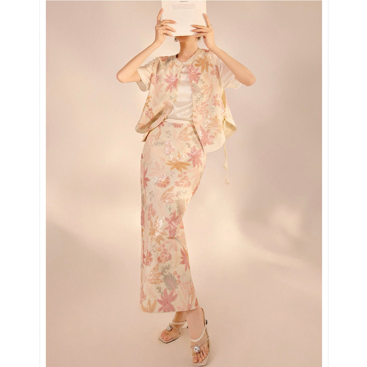 WJY STUDIO - Cream-Pink 3D Embroidered Cropped Top, buy at DOORS NYC