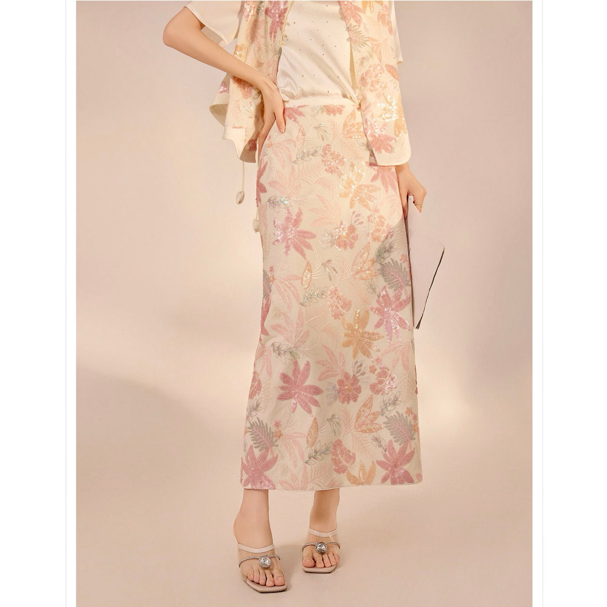 WJY STUDIO - Cream-Pink 3D Embroidered Cropped Top, buy at DOORS NYC